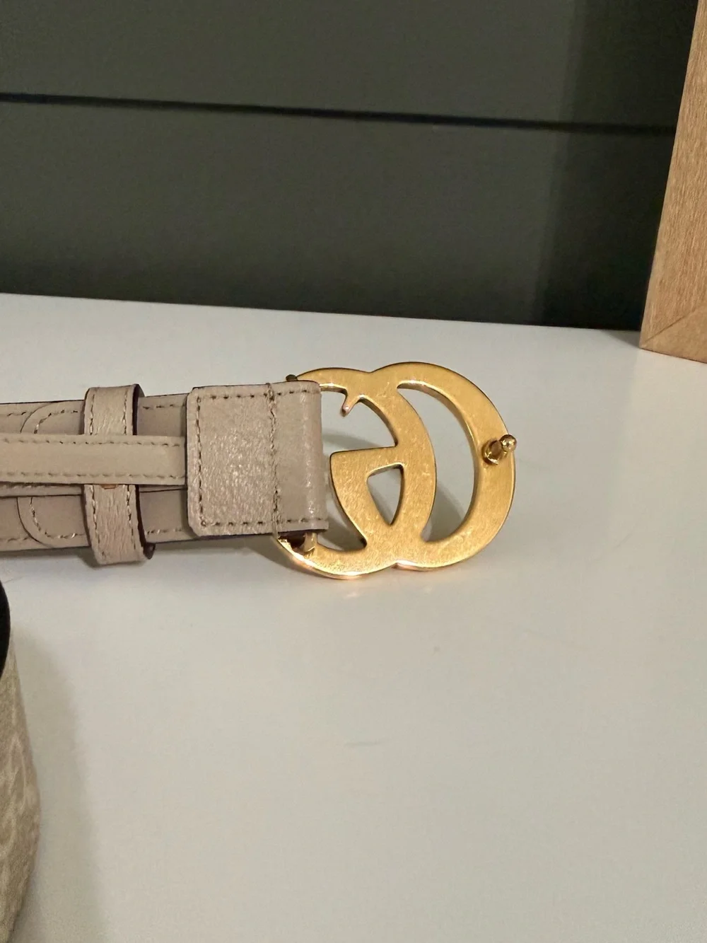 Gucci Beige GG Canvas Belt with Gold Double G Buckle